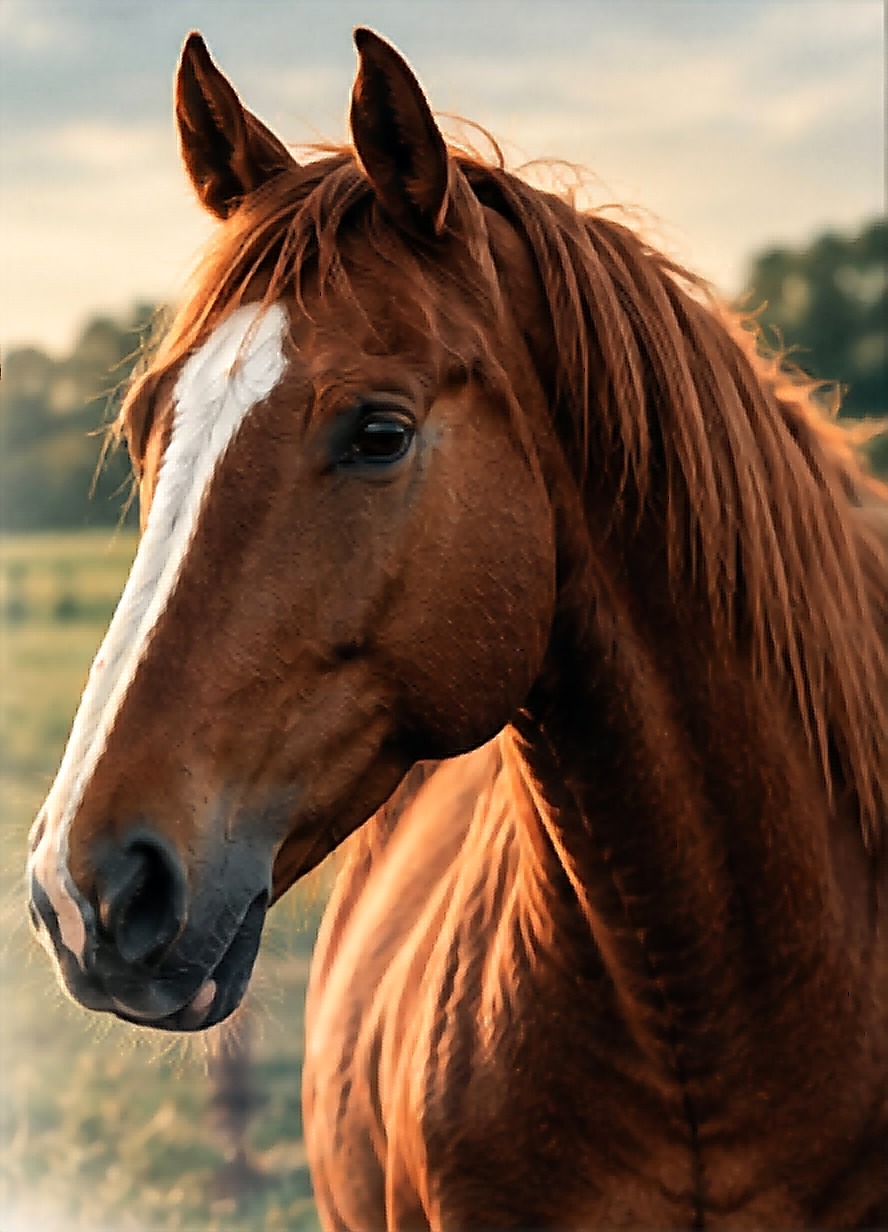 Close-up portrait of a chestnut horse in warm golden-hour light